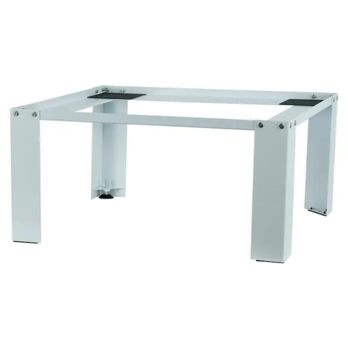 Respekta Waschmaschinenerhöhung - 51 x 61 x 30,3 cm, Traglast: 150 kg, Weiß - Ein freistehendes, weißes Tischgestell mit vier Beinen und schwarzen Gummifüßen. Es bietet eine stabile Basis für verschiedene Tischplatten.