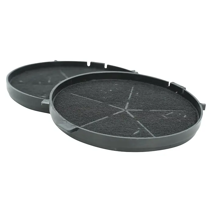 Respekta Aktivkohlefilter MIZ 5000 - Kunststoff, Gesamtstückzahl: 2 Stk., Passend für: Respekta Dunstabzugshaube CH 77060 S, CH 77060 W, CH 77090 & CH 77090 - Zwei runde, schwarze Aktivkohlefilter mit hellgrauen Markierungen und einem Kunststoffrahmen für Dunstabzugshauben im Küchenbereich.