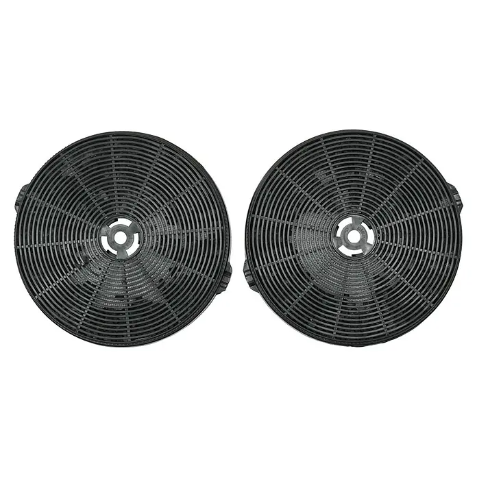Respekta Aktivkohlefilter MIZ 1000N - Kunststoff, Gesamtstückzahl: 2 Stk., Passend für: Respekta Dunstabzugshaube CH 24060 SAM, CH 24060 WAM, CH 24090 SAM, CH 24090 WAM, CH 3100 GIS A, CH 44060 GAM, CH 44068-90 IX A, CH 44078-60 IX A, CH 44090 GAM, CH 44099 GISAM, CH 66038-60 SAM, CH 66038-60 WAM, CH 66038-90 SAM , CH 66038-90 WAM, CH 88060 S A+, CH 88060 W A+, CH 88090 S A+ & CH 88090 W A+ - Zwei runde Dunstabzugshaubenfilter in Grau, die das Innere des Filters zeigen. Gut geeignet zur Reinigung der Luft beim Kochen.