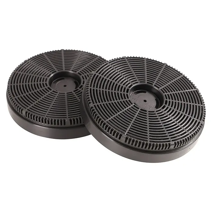 Respekta Aktivkohlefilter MIZ 4000 - Kunststoff, Gesamtstückzahl: 2 Stk., Passend für: Respekta Dunstabzugshauben CH 69090 SA, CH 69090 WA, CH 69060 SA, CH 69060 WA, CH 55060 SA, CH 55060 WA, CH 55090 SA & CH 55090 WA - Zwei runde Aktivkohlefilter, typischerweise für Dunstabzugshauben, in dunkler Farbe und mit einem radialen Gitterdesign.