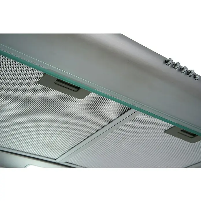 Respekta Fettfilter MIZ 1259 IXCN - Metall, 2 Stk., Passend für: Respekta Dunstabzugshaube CH 1259 IXCN - Detailaufnahme einer Dunstabzugshaube aus Edelstahl mit Glasablage und Metallfilter für eine saubere Küche.