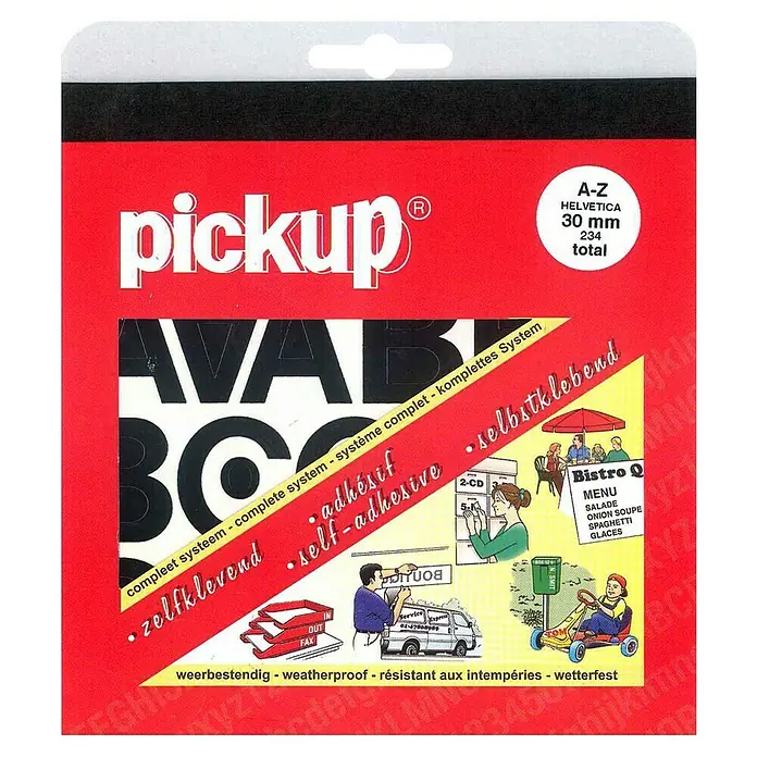 Pickup Aufkleber - Buchstaben, Schwarz, Höhe: 30 mm - Aufkleberbogen "Pickup" mit selbstklebenden Helvetica-Buchstaben, 30 mm hoch, für vielfältige Beschriftungen und Anwendungen.