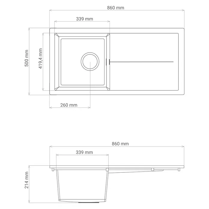 Respekta Einbauspüle Cleveland - 86 x 50 cm, Schwarz - Abbildung einer Spüle mit den Maßen 860 mm Länge, 500 mm Breite und 214 mm Tiefe des Beckens.