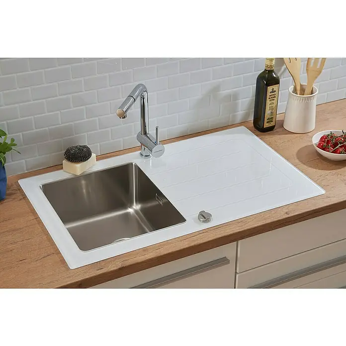 Respekta Einbauspüle New York - 86 x 50 cm, Edelstahl, Weiß - Spültisch aus Edelstahl mit Abtropffläche und Armatur. Elegantes Design für moderne Küchen.