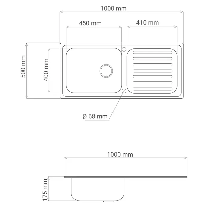 Respekta Einbauspüle Riverside - 100 x 50 cm, Edelstahl - Schemazeichnung einer Spüle mit Abtropffläche, Maße: 1000x500mm. Durchmesser des Abflusses beträgt 68mm, die Tiefe der Spüle ist 175mm.