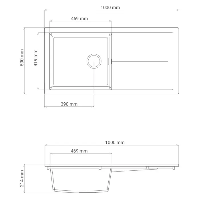Respekta Einbauspüle Cleveland - 100 x 50 cm, Grau - Abbildung einer Spüle mit den Maßen 1000 mm Länge, 500 mm Breite und 214 mm Höhe, ideal für die Küchenplanung.