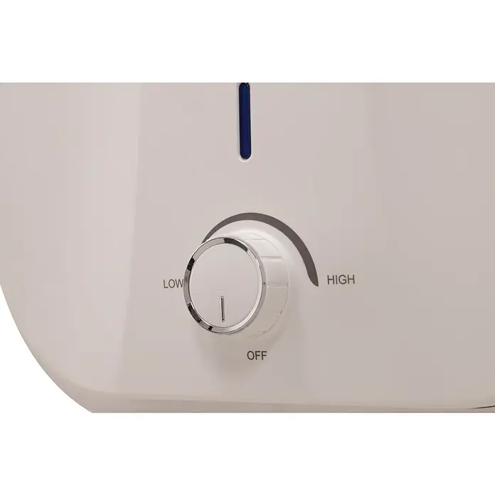 Thermoflow Warmwasserspeicher DS 10U - 10 l, 2.000 W, Temperaturbereich: 30 °C - 65 °C, Untertischmontage - Detailaufnahme eines weißen Geräts mit einem Drehknopf, der auf "OFF" steht, zur Temperaturregelung von niedrig bis hoch.