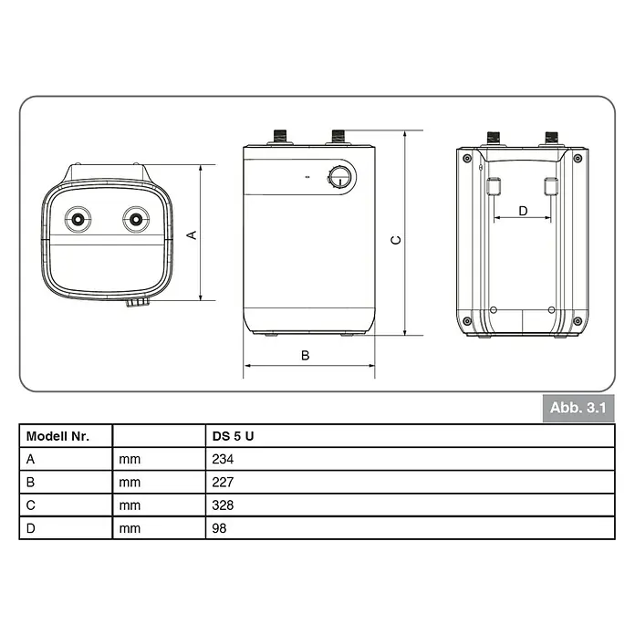 Thermoflow Warmwasserspeicher DS 5U - 5 l, 1.500 W, Temperaturbereich: 30 °C - 65 °C, Untertischmontage - Technische Zeichnung des DS 5 U Warmwasserspeichers mit Maßen (A, B, C, D) in mm.