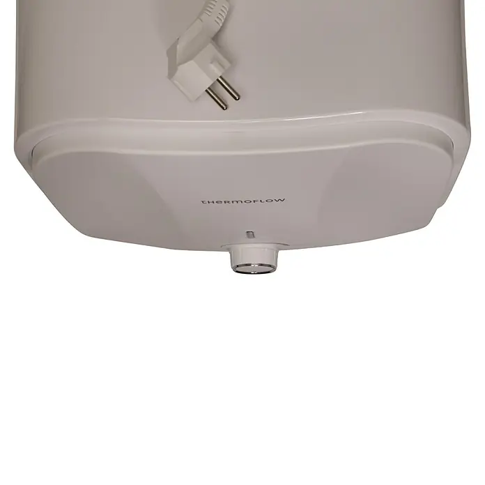 Thermoflow Warmwasserspeicher DS 10U - 10 l, 2.000 W, Temperaturbereich: 30 °C - 65 °C, Untertischmontage - Nahaufnahme einer weißen Thermoflow-Heizung mit Stecker, die für eine effiziente Warmwasserbereitung sorgt.
