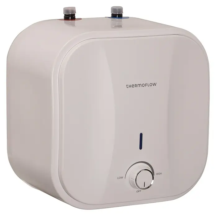 Thermoflow Warmwasserspeicher DS 10U - 10 l, 2.000 W, Temperaturbereich: 30 °C - 65 °C, Untertischmontage - Bild eines weißen Thermoflow-Warmwasserbereiters mit Temperaturregler und blauer Betriebsanzeige.