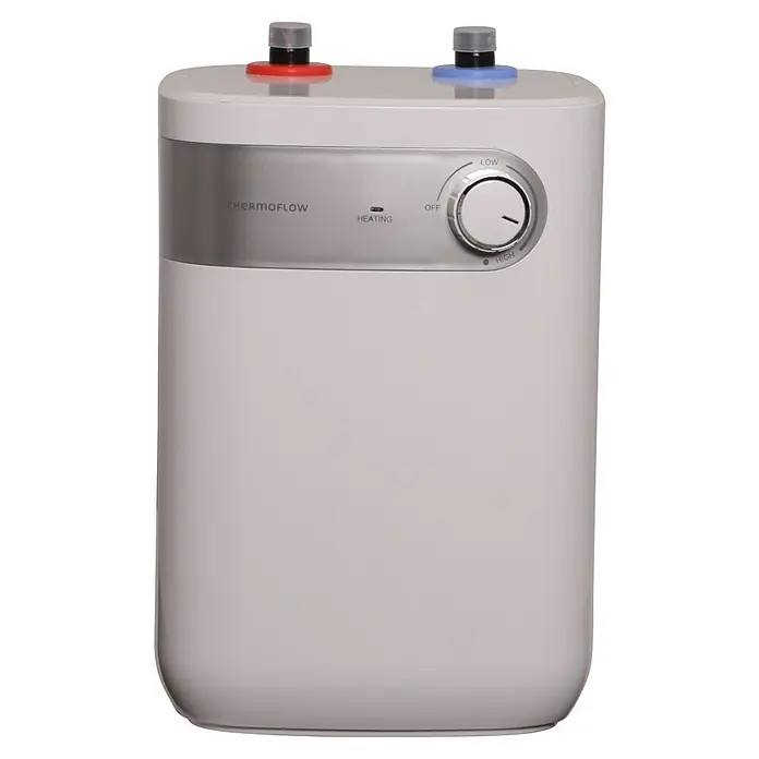 Thermoflow Warmwasserspeicher DS 5U - 5 l, 1.500 W, Temperaturbereich: 30 °C - 65 °C, Untertischmontage - Abbildung eines Thermoflow-Wassererhitzers mit Temperaturregler und Anschlüssen.