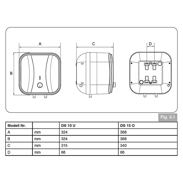 Thermoflow Warmwasserspeicher DS 10U - 10 l, 2.000 W, Temperaturbereich: 30 °C - 65 °C, Untertischmontage - Abbildung mit den Abmessungen des Warmwasserbereiters DS 10 U und DS 15 O mit den zugehörigen Maßen in Millimetern.