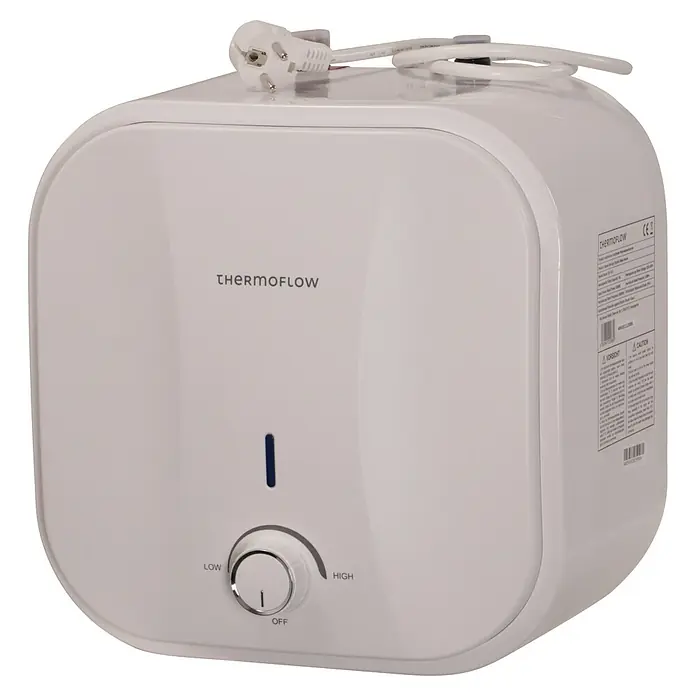 Thermoflow Warmwasserspeicher DS 10U - 10 l, 2.000 W, Temperaturbereich: 30 °C - 65 °C, Untertischmontage - Nahaufnahme eines Thermoflow Warmwasserbereiters mit Temperaturregler, der die Einstellungen Niedrig, Aus und Hoch anzeigt.