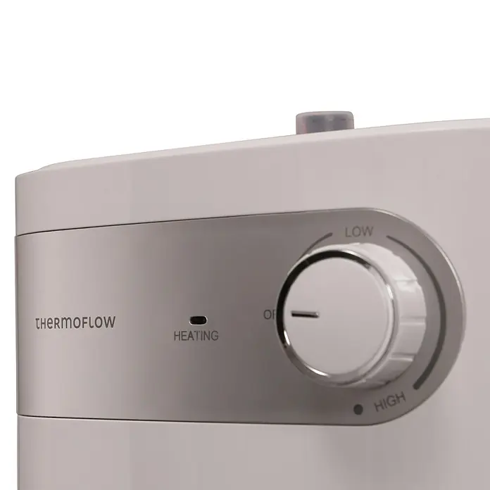 Thermoflow Warmwasserspeicher DS 5U - 5 l, 1.500 W, Temperaturbereich: 30 °C - 65 °C, Untertischmontage - Nahaufnahme des Thermoflow-Geräts mit Temperaturregler auf niedriger Stufe.