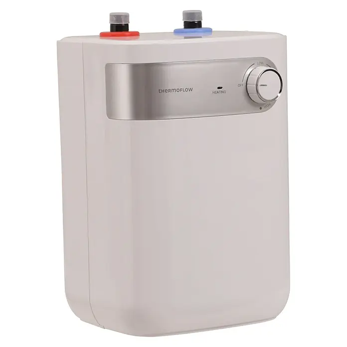 Thermoflow Warmwasserspeicher DS 5U - 5 l, 1.500 W, Temperaturbereich: 30 °C - 65 °C, Untertischmontage - Nahaufnahme eines Thermoflow Warmwasserbereiters mit Temperaturregler und Anschlüssen.
