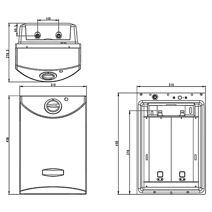 Thermoflow Warmwasserspeicher OT 10 - 10 l, 2.000 W, Temperaturbereich: 30 °C - 75 °C - Produktzeichnung eines Gerätes mit Maßen. Die Abbildung zeigt das detaillierte Design des Geräts mit allen notwendigen Abmessungen.