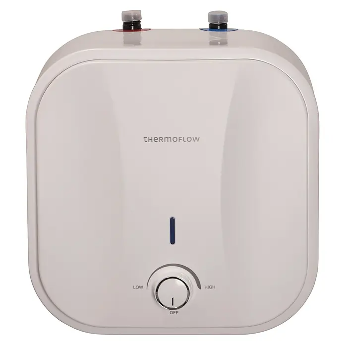 Thermoflow Warmwasserspeicher DS 10U - 10 l, 2.000 W, Temperaturbereich: 30 °C - 65 °C, Untertischmontage - Abbildung eines weißen Thermoflow-Warmwasserbereiters mit Temperaturregler und blauer Betriebsanzeige.