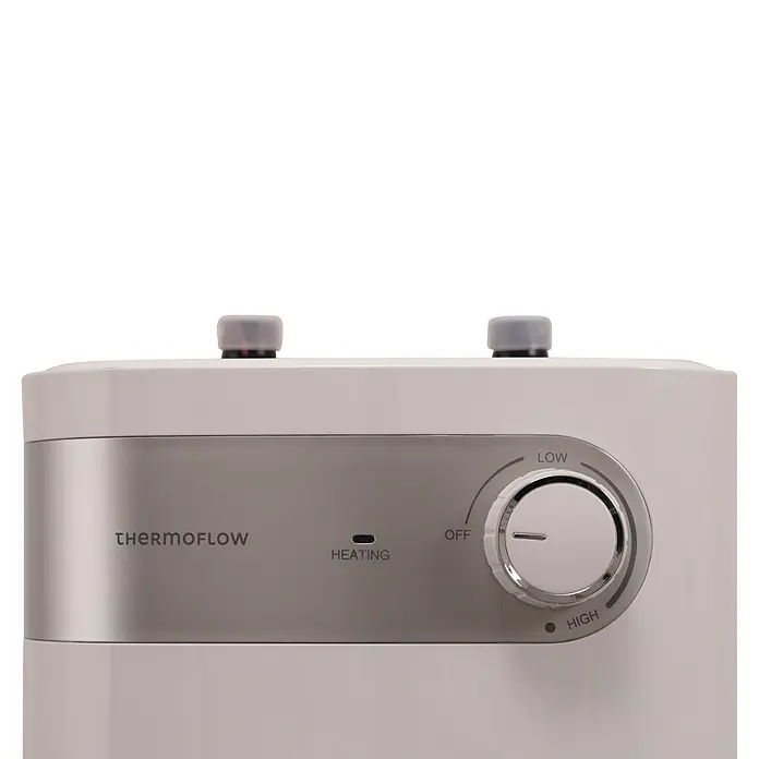 Thermoflow Warmwasserspeicher DS 5U - 5 l, 1.500 W, Temperaturbereich: 30 °C - 65 °C, Untertischmontage - Nahaufnahme eines Thermoflow-Heizgeräts mit Temperaturregler auf "Aus".