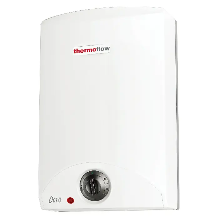 Thermoflow Warmwasserspeicher OT 10 - 10 l, 2.000 W, Temperaturbereich: 30 °C - 75 °C - Nahaufnahme eines Thermoflow Ot10 Warmwasserbereiters in Weiß, der ein stilvolles und effizientes Design für den Heimgebrauch bietet.