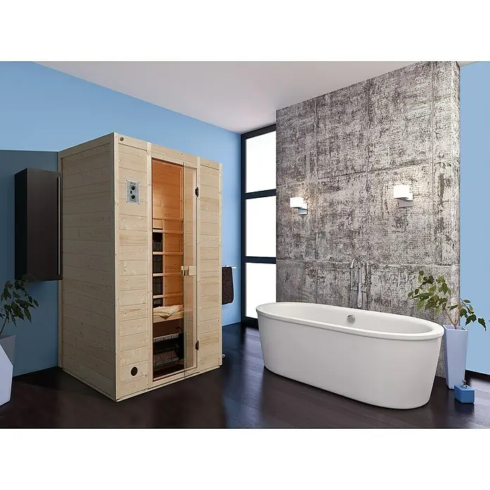 Finnwood Infrarotkabine Svea 2 by WEKA - 2.050 W, 5 Keramikstrahler, 100 x 131 x 196 cm - Diese Sauna bietet Entspannung pur. Das Interieur aus hellem Holz harmoniert perfekt mit dem modernen Bad und lädt zum Verweilen ein.