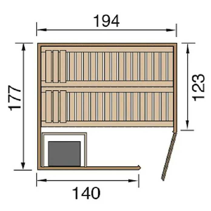Weka Elementsauna Kiruna 2 GT - Elektroofen, Steuerung Ofen: Extern, L x B x H: 177 x 194 x 199 cm - Draufsicht der Sauna mit Maßangaben 194 x 177 x 123 x 140 cm, die die Abmessungen der Saunakabine und ihre Aufteilung zeigt.