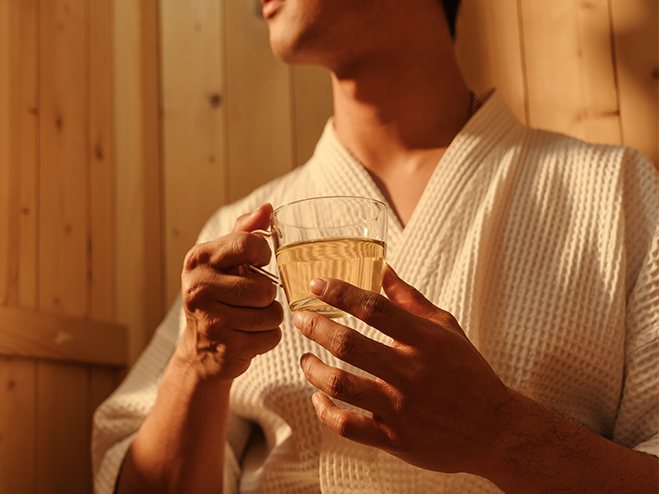 Richtig saunieren mit ausreichend Kräutertee oder Wasser; Mann im Bademantel trinkt nach Sauna eine Tasse Kräutertee 