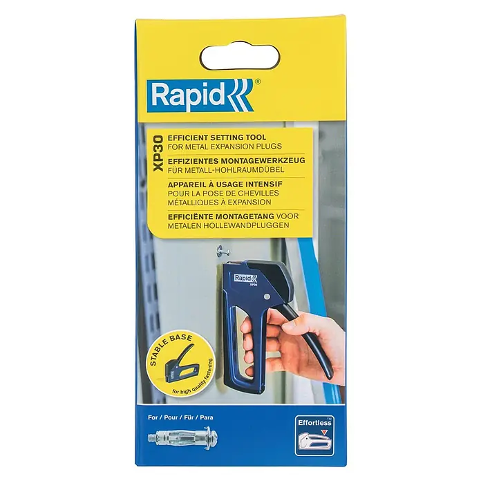 Rapid Montagezange XP30 - Passend für: Für Schrauben M4, M5 und M6 in Hohlwanddübeln - Bild einer Rapid XP30 Nietzange zum Setzen von Hohwanddübeln aus Metall, verpackt in gelb-blauem Karton.