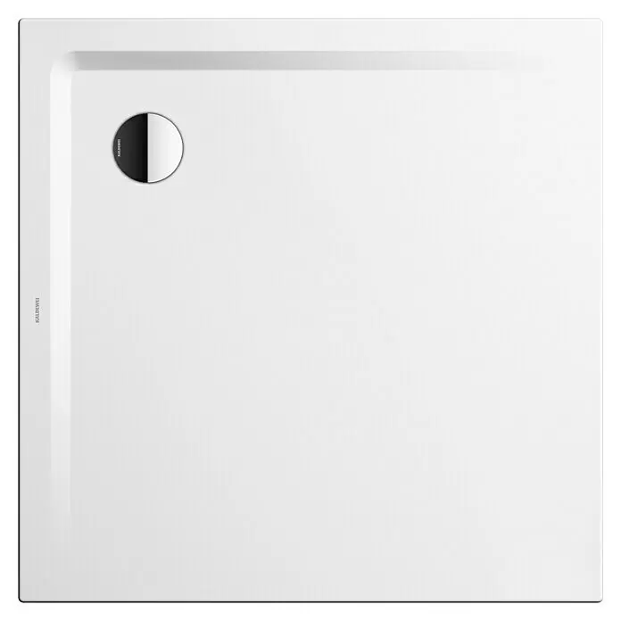 Kaldewei Duschwannen-Set Superplan - L x B: 90 x 90 cm, Stahl, Weiß, Wannenträger - Weißer rechteckiger Duschwannenboden mit rundem schwarz-chromem Ablauf.