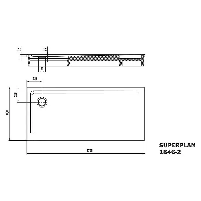 Kaldewei Duschwannen-Set Superplan - L x B: 80 x 170 cm, Stahl, Weiß, Wannenträger - Technische Zeichnung einer rechteckigen Duschwanne, 1700x800 mm, 32mm hoch, mit Eckablauf.