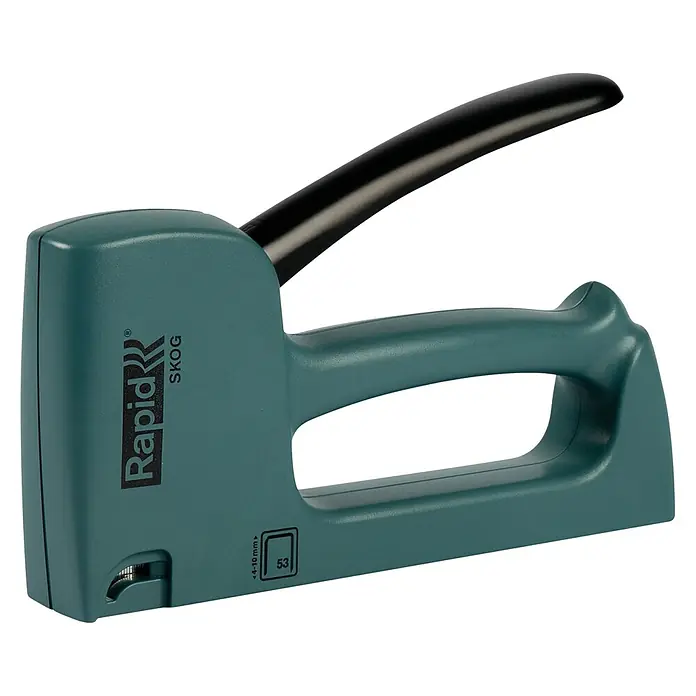 Rapid Handtacker - Feindrahtklammer Typ 53, 4 mm - 10 mm, Grün - Nahaufnahme eines grünen Rapid Skog Tacker, ein robustes Werkzeug zum Befestigen von Materialien.