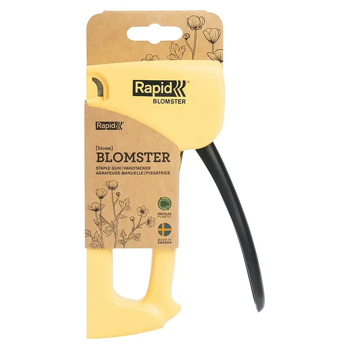 Rapid Handtacker - Feindrahtklammer Typ 53, 4 mm - 10 mm, Gelb - Nahaufnahme eines Rapid Blomster Tacker, hergestellt aus 90% recyceltem Kunststoff und Made in Schweden, ideal für Gartenarbeiten.