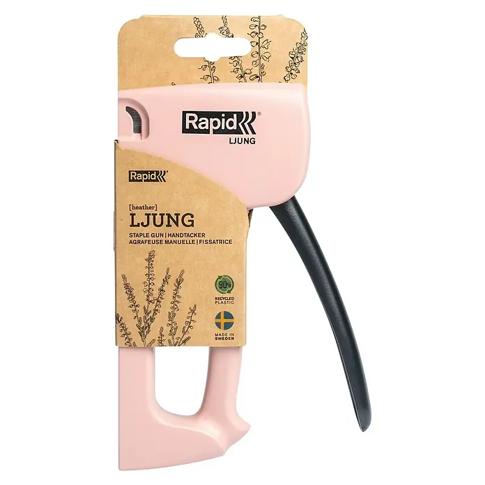 Rapid Handtacker - Feindrahtklammer Typ 53, 4 mm - 10 mm, Rosa - Nahaufnahme eines rosa Rapid Ljung Handtackers, hergestellt aus 90% recyceltem Kunststoff, mit einem schwarzen Griff.