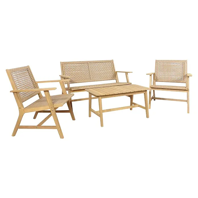 Conjunto de muebles Violeta - 4 pzs., Madera de acacia/Ratán sintético, Marrón - Conjunto de jardín de madera clara con dos sillas, un banco y una mesa para relajarse al aire libre. El conjunto es perfecto para el jardín.