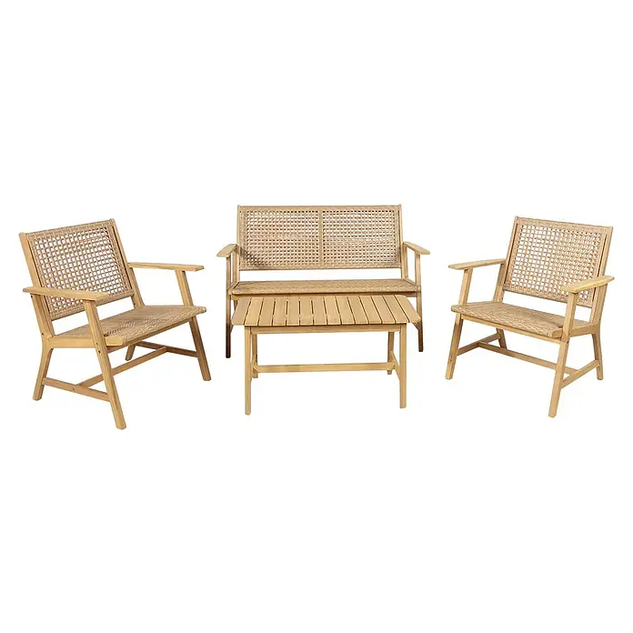 Conjunto de muebles Violeta - 4 pzs., Madera de acacia/Ratán sintético, Marrón - Conjunto de muebles de jardín de madera con dos sillas y una mesa. Perfecto para relajarse al aire libre. Diseño elegante para cada jardín.
