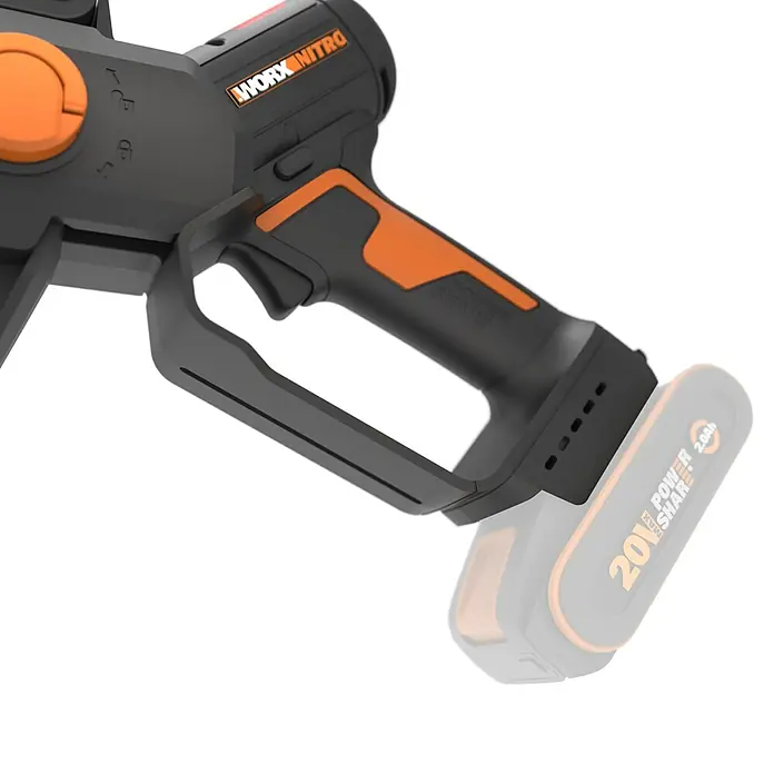 Worx PowerShare 20V Sierra de ramas de batería WG325E.9 - 20 V, Iones de litio, Sin batería, Longitud de la cuchilla: 12 cm - Detalle de un cortasetos inalámbrico Worx Nitro, que combina un diseño moderno con una funcionalidad práctica para el jardín.