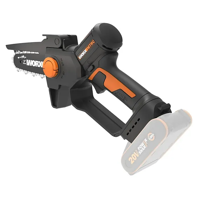 Worx PowerShare 20V Akku-Astsäge WG325E.9 - 20 V, Li-Ionen, Ohne Akku, Schwertlänge: 12 cm - Akkubetriebene Kettensäge von WORX Nitro: Kompakt und leistungsstark für den mobilen Einsatz im Garten.