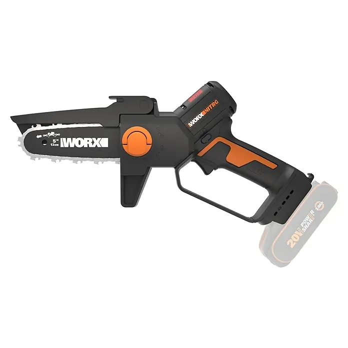 Worx PowerShare 20V Akku-Astsäge WG325E.9 - 20 V, Li-Ionen, Ohne Akku, Schwertlänge: 12 cm - Das Bild zeigt eine Worx Nitro Akku-Kettensäge, ideal für Baumschnittarbeiten. Sie ist kompakt und mit einem 20V Power Share Akku ausgestattet.