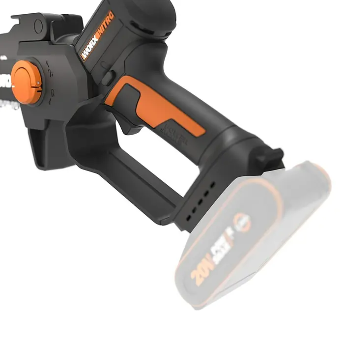 Worx PowerShare 20V Sierra de ramas de batería WG325E.9 - 20 V, Iones de litio, Sin batería, Longitud de la cuchilla: 12 cm - Primer plano de una motosierra inalámbrica WORX Nitro alimentada por batería con detalles en naranja sobre fondo negro.