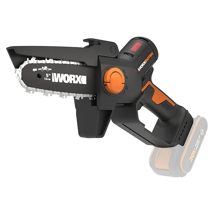 Worx PowerShare 20V Akku-Astsäge WG325E.9 - 20 V, Li-Ionen, Ohne Akku, Schwertlänge: 12 cm - Bild einer Worx Nitro Akku-Kettensäge mit 5-Zoll-Sägeblatt und orangefarbenen Akzenten.