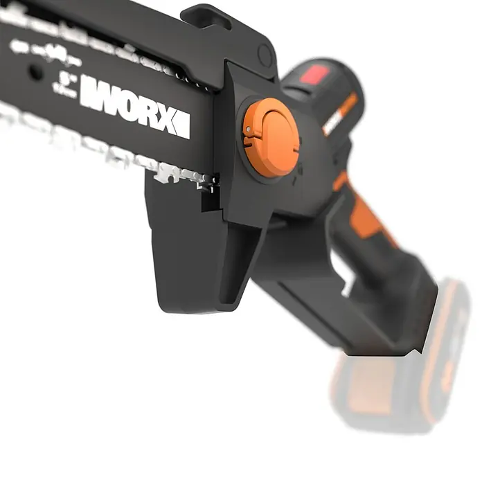 Worx PowerShare 20V Sierra de ramas de batería WG325E.9 - 20 V, Iones de litio, Sin batería, Longitud de la cuchilla: 12 cm - Primer plano de una motosierra compacta WORX a batería, ideal para tareas de poda de árboles.