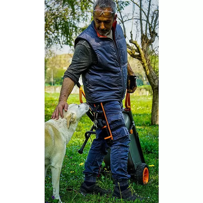 Worx PowerShare 20V Sierra de ramas de batería WG325E.9 - 20 V, Iones de litio, Sin batería, Longitud de la cuchilla: 12 cm - Sistema de soporte de herramientas montado en la pierna, negro y naranja, con una herramienta, usado por un hombre en un jardín junto a un carro.
