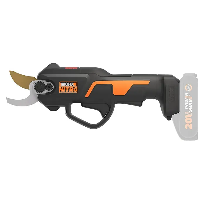 Worx PowerShare 20V Tijeras para podar de batería WG330E.9 - 20 V, Sin batería, Grosor de rama máx.: 25 mm - Las tijeras de jardín inalámbricas Worx Nitro con una hoja dorada y plateada y un mango negro.
