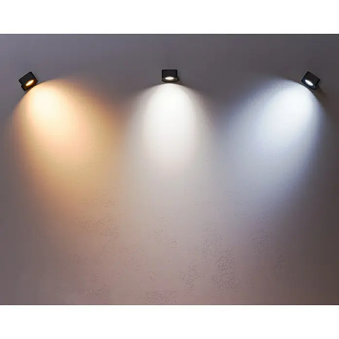 Lavida Akku-Wandleuchte Mirano - L x B x H: 9,25 x 7,65 x 4,5 cm, 2 W, Schwarz, Mehrfarbig, Eckig - Drei LED-Wandleuchten mit unterschiedlicher Farbtemperatur, die die Wand in warmen, neutralen und kühlen Farbtönen beleuchten.