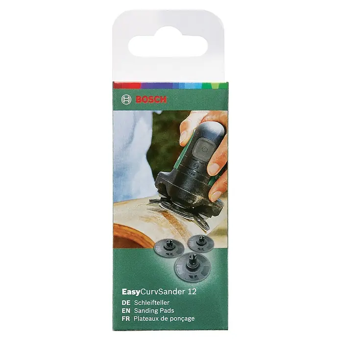 Bosch Schleifteller - Durchmesser: 40 mm, 3 Stk. - Verpackung der Bosch EasyCurvSander 12 Schleifteller, ideal zum Schleifen von gewölbten Oberflächen.