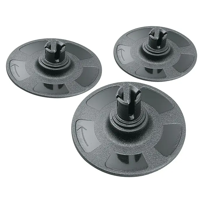 Bosch Schleifteller - Durchmesser: 40 mm, 3 Stk. - Nahaufnahme von drei runden, grauen Gerätefüßen mit einem zentralen Stecker auf einem schwarzen Hintergrund.