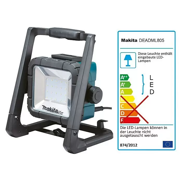 Makita LED-Akkustrahler DEADML805 - 18 V, Ohne Akku, L x B x H: 214 x 261 x 328 mm - Makita DEADML805 LED-Arbeitsleuchte mit schwarzem Ständer und türkisen Akzenten, inklusive Energieeffizienzlabel.