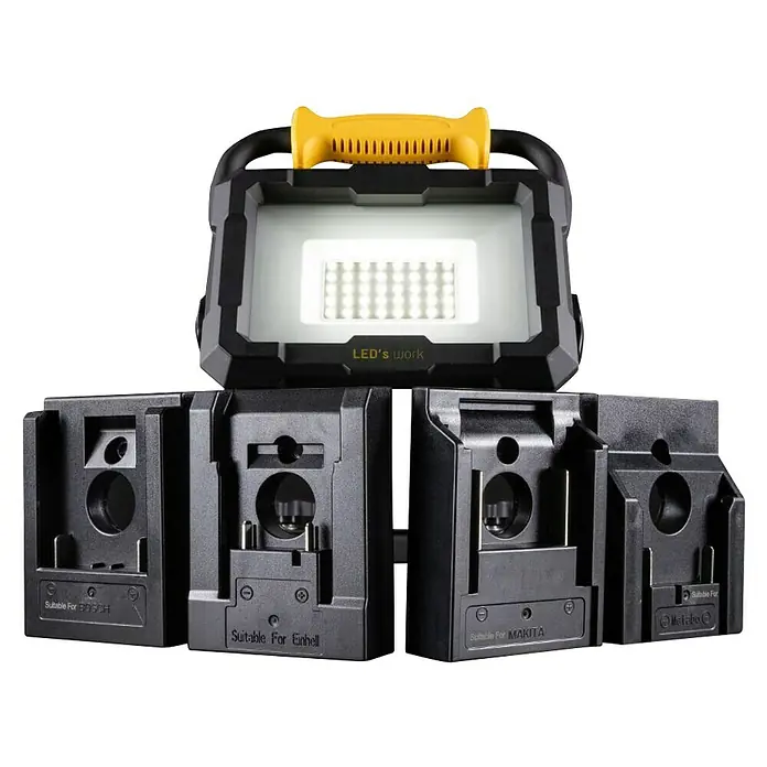 LED's work LED-Strahler für 18 V Akkus - 2.000 lm, 5.000 K, L x B x H: 214 x 220 x 309 mm, IP20 - LED-Arbeitsleuchte mit Akku-Adaptern für verschiedene Werkzeugmarken, ideal für den flexiblen Einsatz auf Baustellen und in Werkstätten.