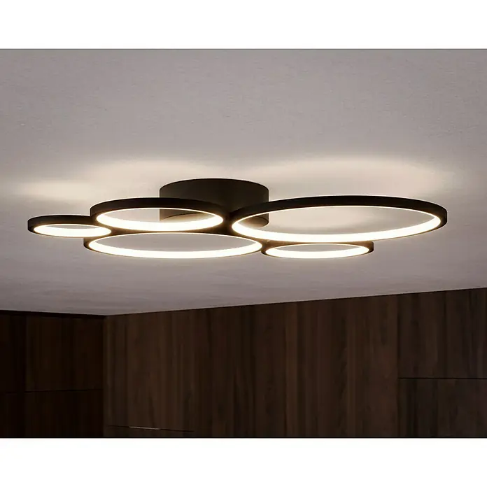 Trio Leuchten Rondo LED-Deckenleuchte - 49 W, L x B x H: 53 x 59 x 5,5 cm, Schwarz, Warmweiß - Elegante Deckenleuchte mit mehreren Ringen in modernem Design. Die Lampe sorgt für eine angenehme und helle Beleuchtung.