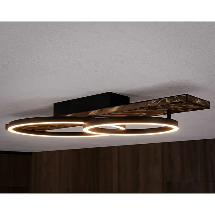 Eglo Boyal LED-Deckenleuchte - 24 W, 78 x 40 x 9 cm, Schwarz/Holz rustikal, Warmweiß, Anzahl Leuchtmittel: 2 Stk. - Moderne Deckenleuchte mit zwei LED-Ringen und dekorativer Holzplatte, die eine stilvolle Beleuchtung für jeden Raum bietet.