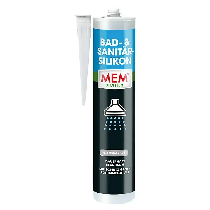MEM Silikon Bad- & Sanitär-Silikon - Transparent, 300 ml - Produktbild: Kartusche MEM Bad- & Sanitär-Silikon, transparent, dauerhaft elastisch, mit Schutz gegen Schimmelbefall für Bad und Sanitärbereich.